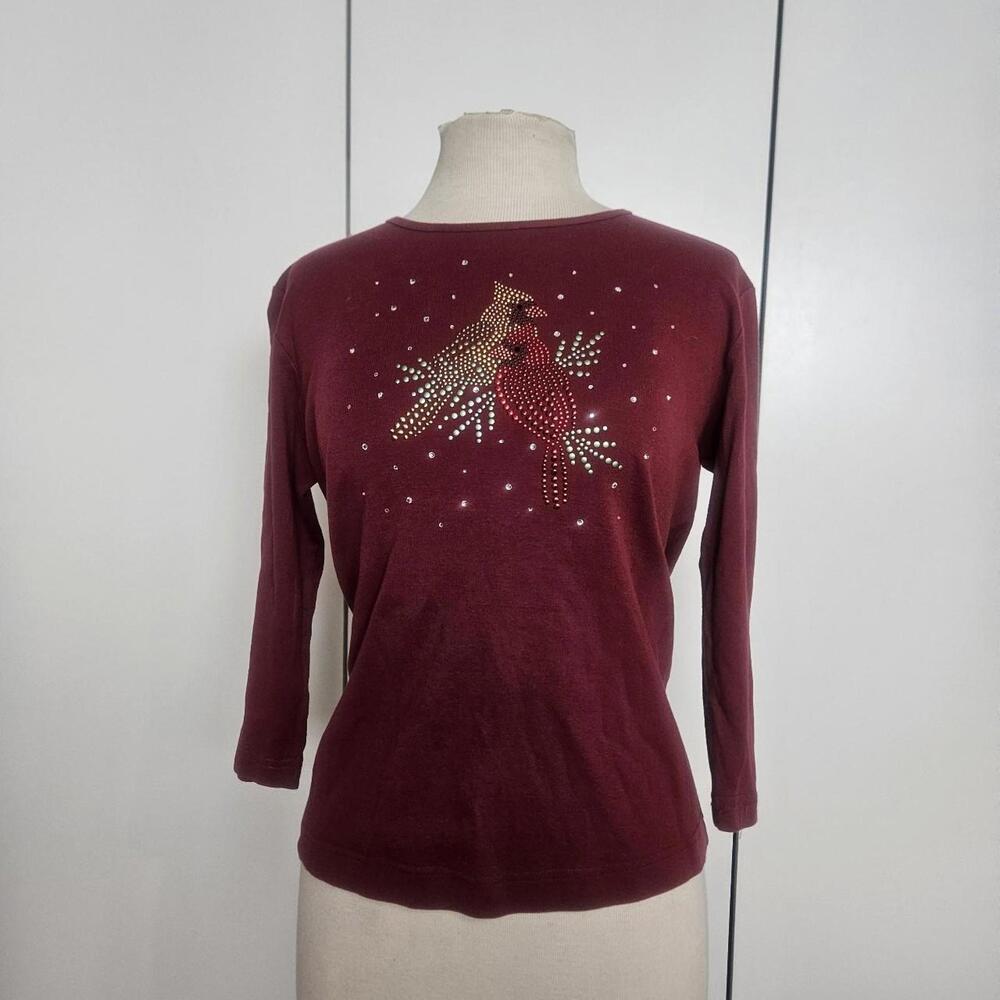 Burgundy long sleeve top with rhinestone cardinal bird design